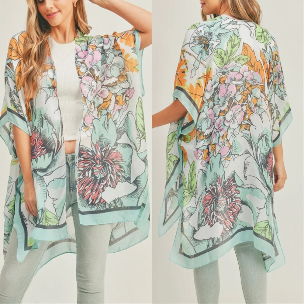 BOHO FLORAL PRINT KIMONO -TURQUOISE - Picture 1 of 3